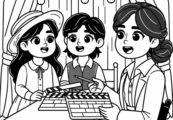 Režiserka razpravlja o sceni z igralci – brezplačna slika za pobarvati