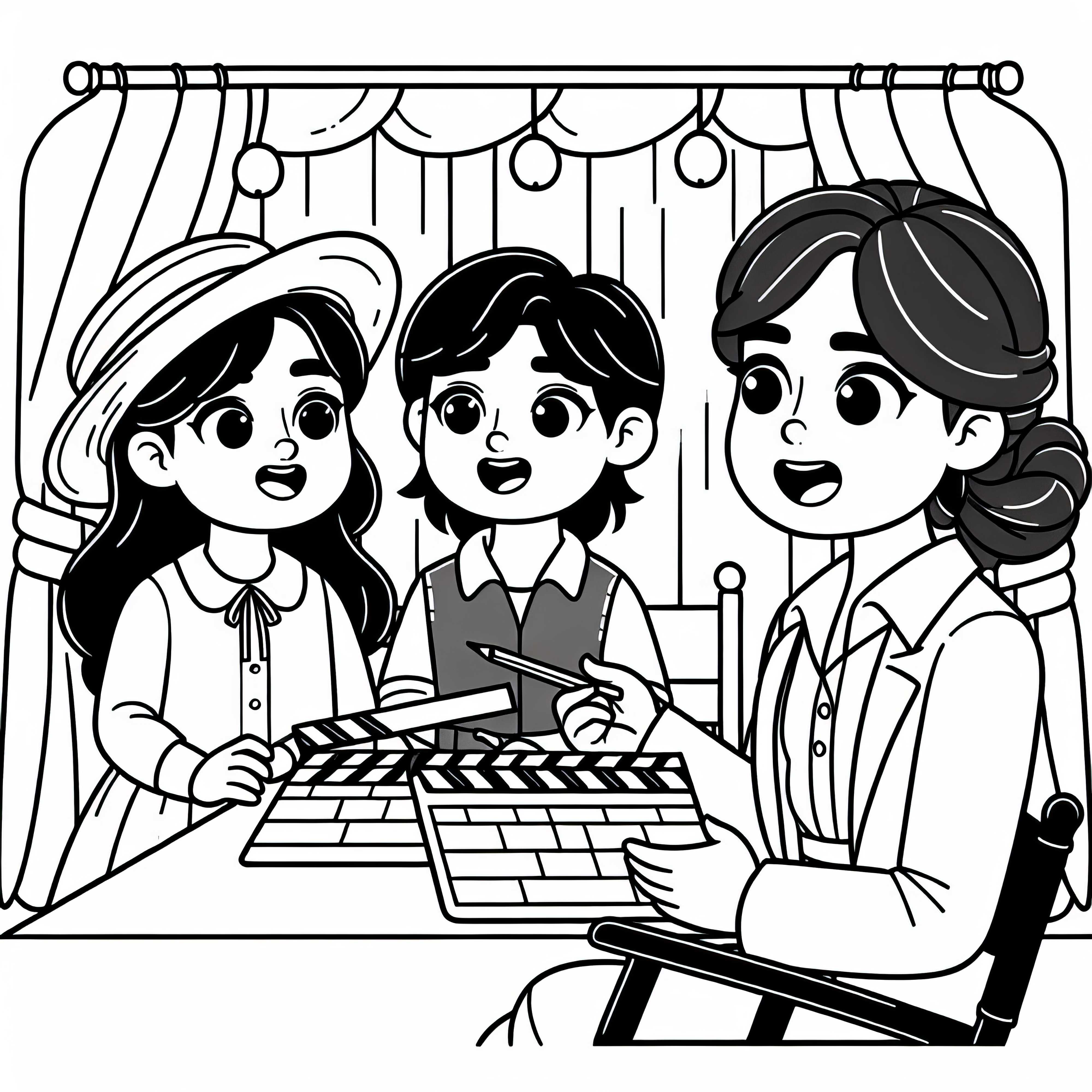 A director discusses a scene with actors - free coloring page