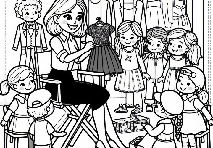 Režiserka izbira kostume za igralce – brezplačna predloga za barvanje