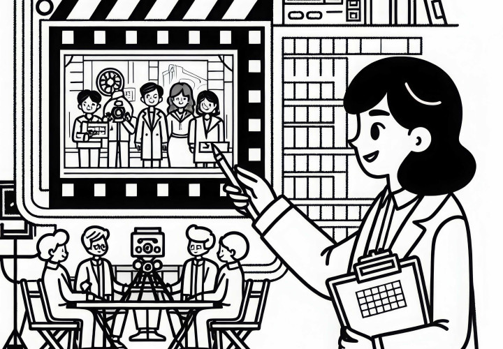 Director plans scene on storyboard - coloring template free