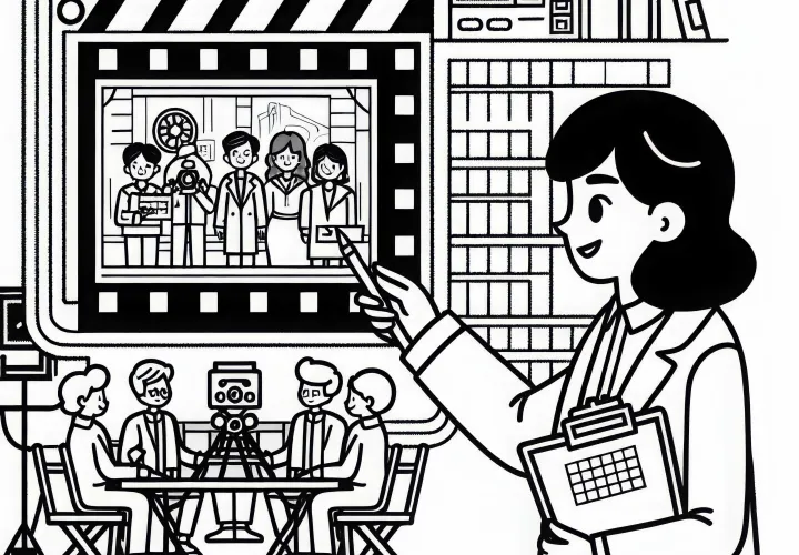 Režiserka načrtuje prizor na storyboardu - brezplačna barvna predloga