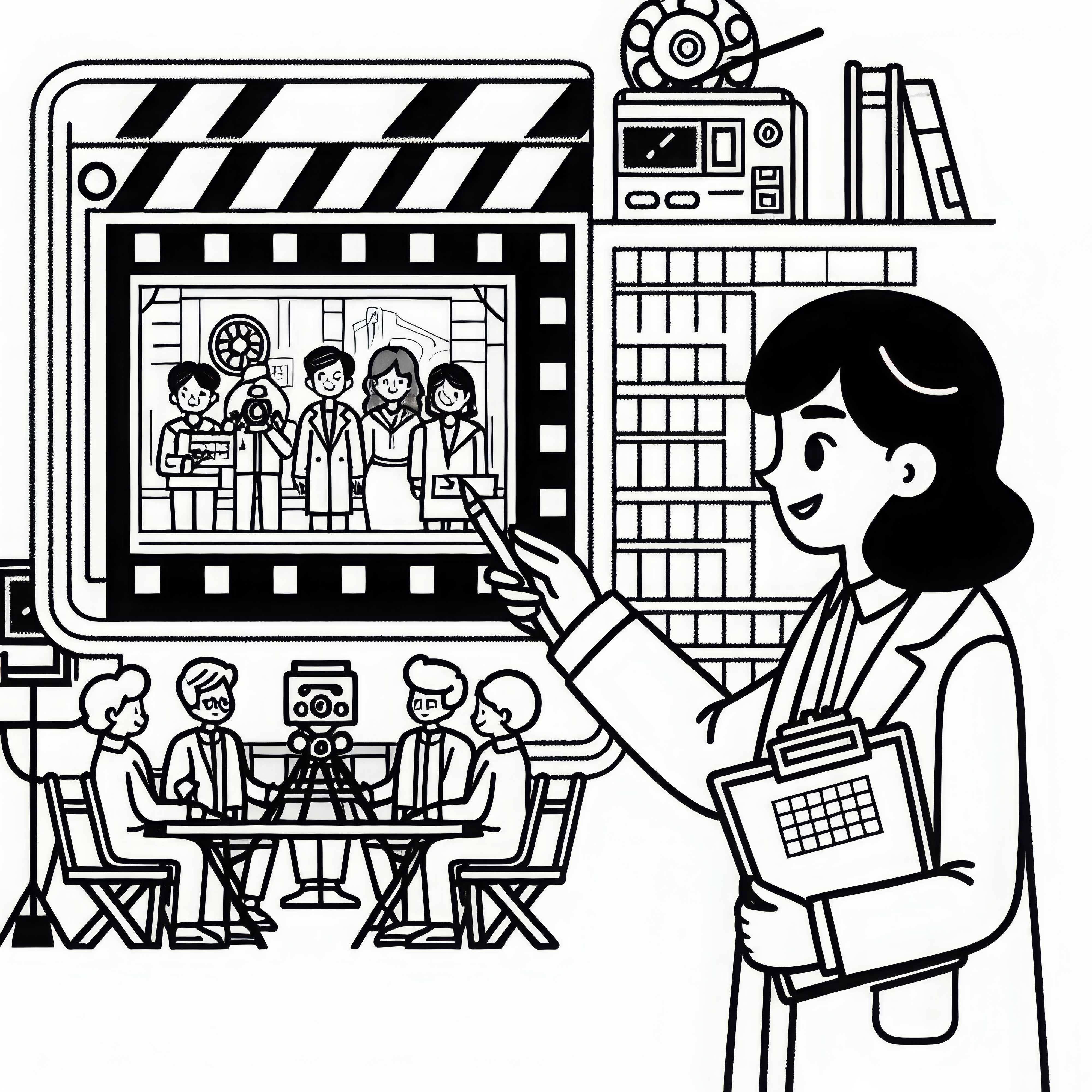 Director plans scene on storyboard - free coloring template