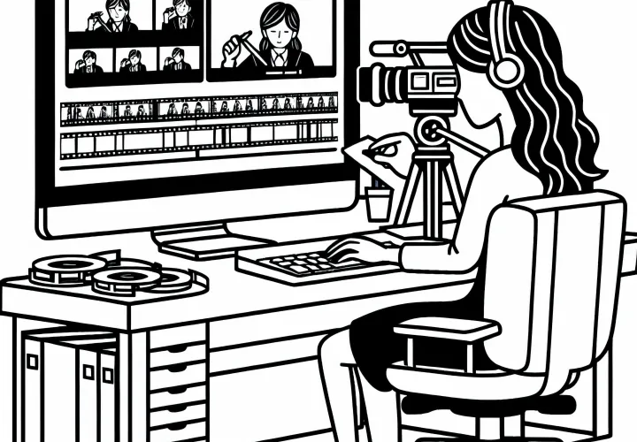 Režiserka si ogleduje posnetke v montažni sobi – Brezplačna predloga za barvanje