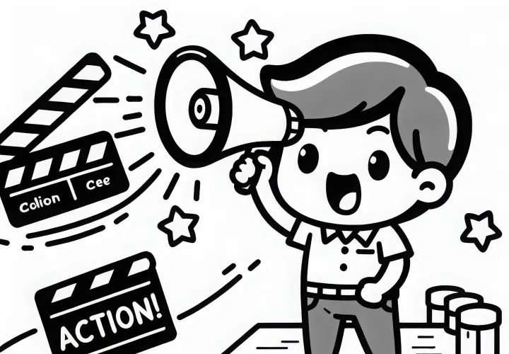 Režiser kliče akcijo z megafonom – brezplačna predloga za barvanje