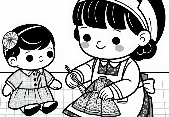 Puppendoktorin näht das Kleid einer Puppe – Ausmalbild kostenlos