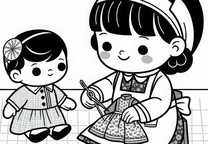 Puppet zdravnica vidi obleko punčke – Brezplačna slika za barvanje