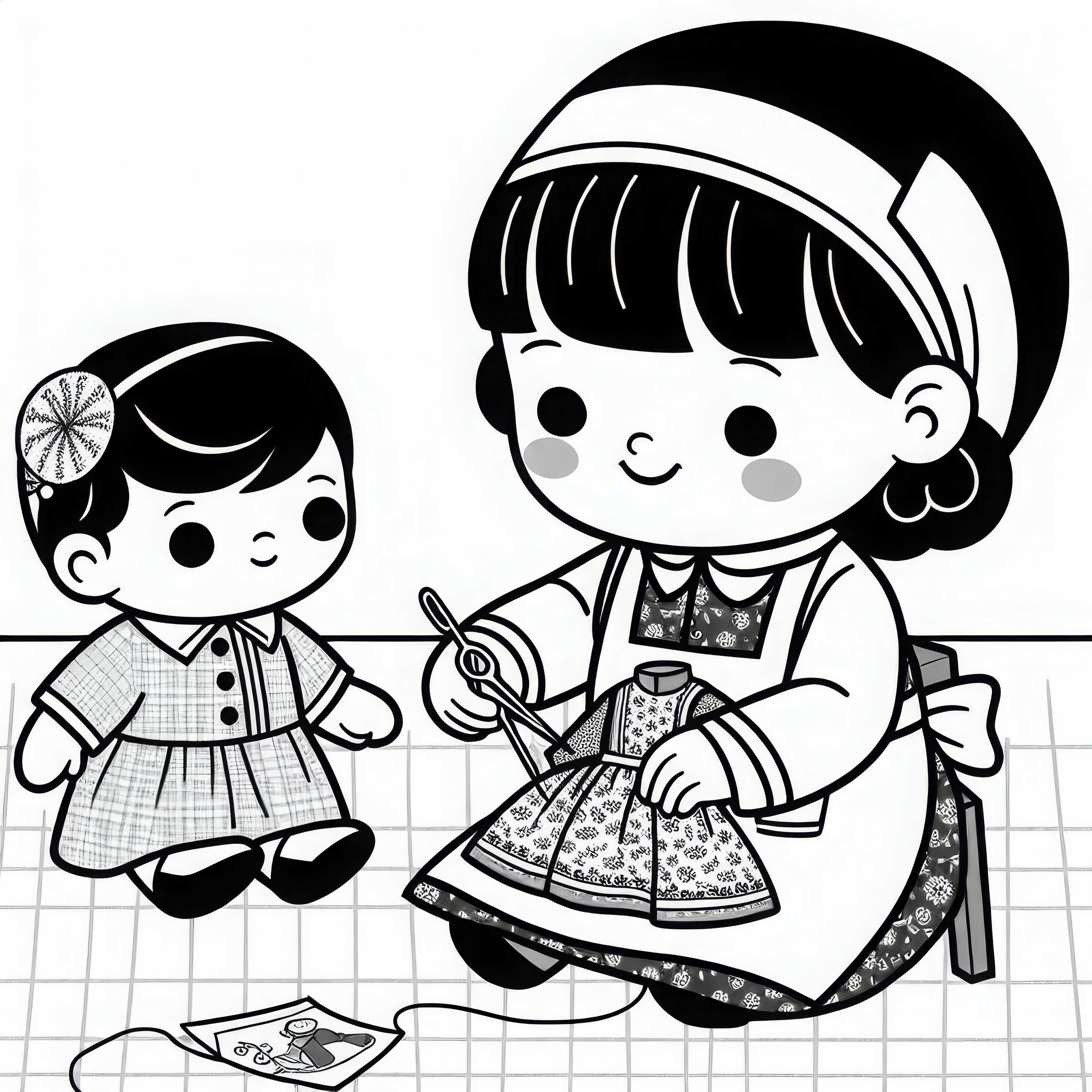 Puppendoktorin näht das Kleid einer Puppe – Ausmalbild kostenlos