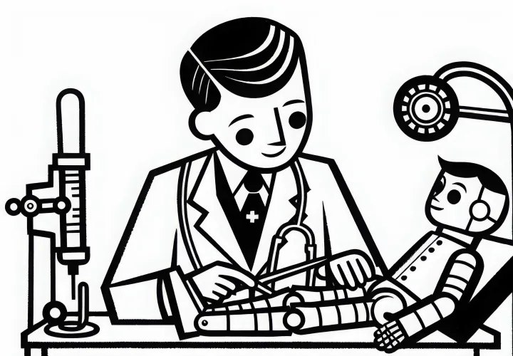 Doktor lutk popravlja zlomljeno roko lutke – brezplačna barvna predloga