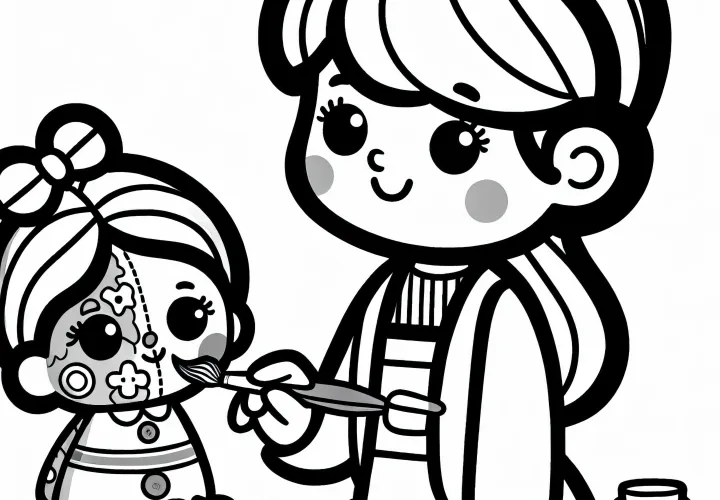 Puppendoktor z naslikanim obrazom stare punčke – brezplačna predloga za barvanje