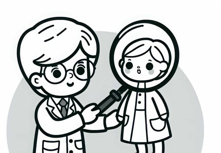 Doktor lalek bada lalkę przy pomocy lupy – darmowy wzór do kolorowania Doktor lalek bada lalkę za pomocą lupy – bezpłatny szablon do kolorowania