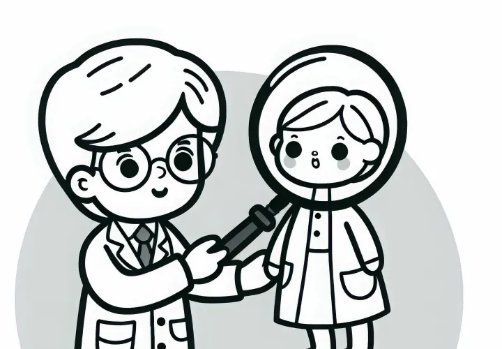 Puppendoktor pregleduje punčko s povečevalnim steklom – brezplačna barvna predloga