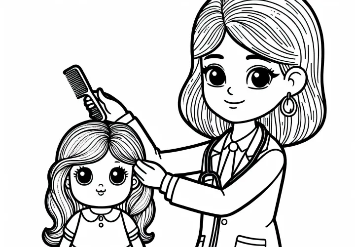 Puppendoktorica nadomešča lase punčke – brezplačna barvna predloga