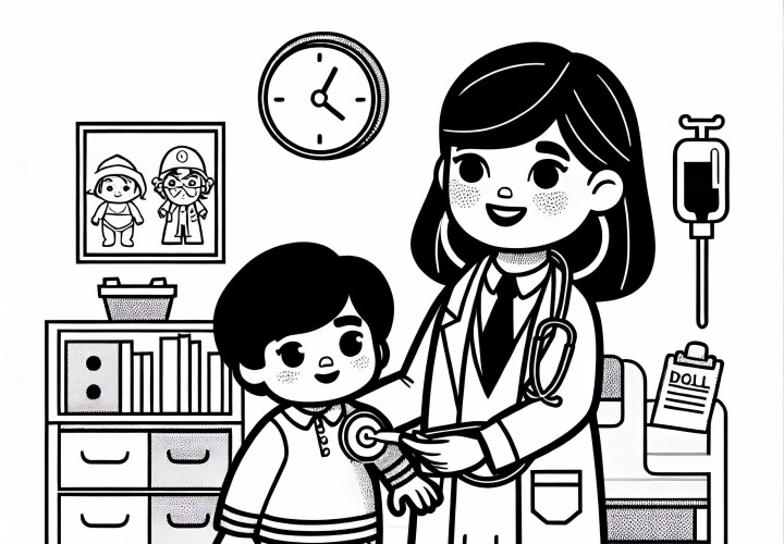 Pani doktor lalek prowadzi dziecko przez klinikę lalek – obrazek do pokolorowania za darmo Pani doktor prowadzi dziecko przez klinikę lalek – darmowy obrazek do kolorowania