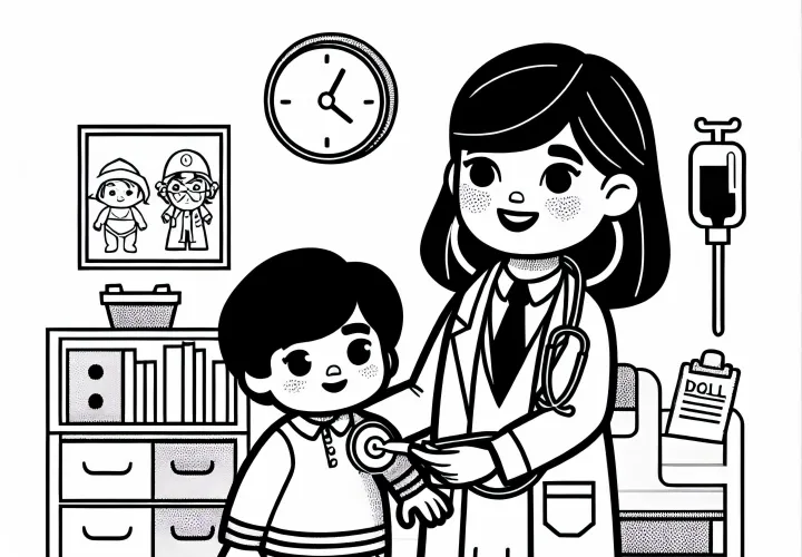 Puppendoktorica vodi otroka skozi bolnišnico za punčke – barvna slika brezplačno