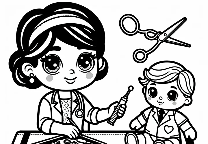 Puppendoktorica sedi za mizo z orodji – Slika za obarvanje gratis