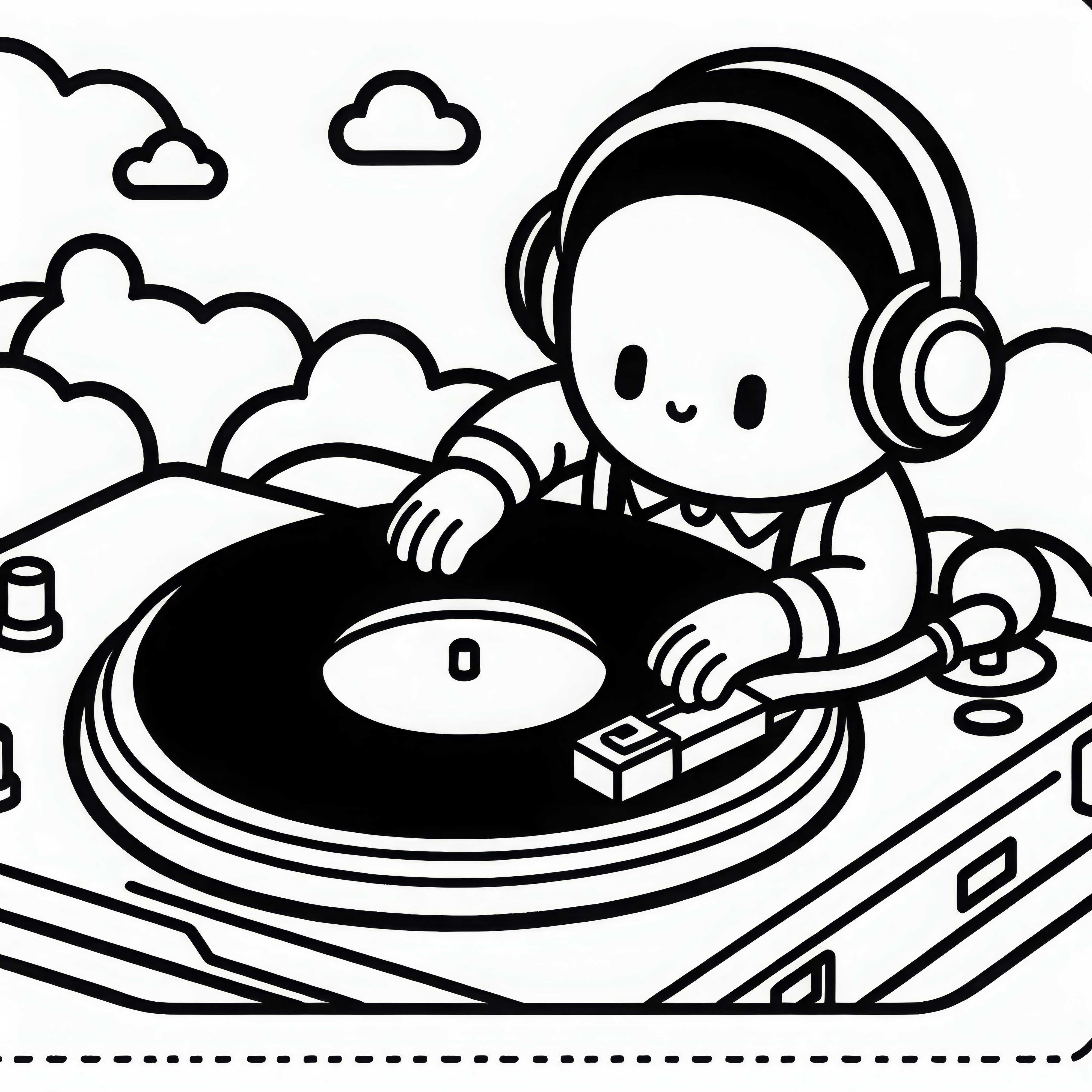 DJ pone un disco de vinilo en el tocadiscos - Plantilla de dibujo simple y gratuita