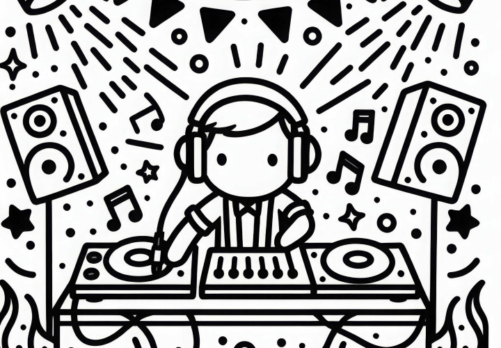 DJ toca música en la fiesta - Plantilla para colorear sencilla gratuita DJ toca música en la fiesta - Plantilla para colorear simple y gratuita
