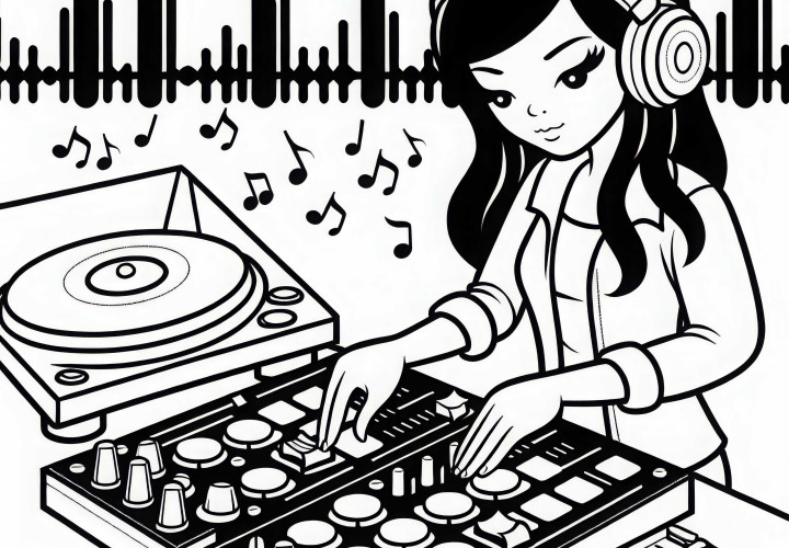 DJane sincroniza beats en la mesa de mezclas - Plantilla para colorear gratis DJane sincroniza ritmos en la mesa de mezclas - plantilla para colorear gratis