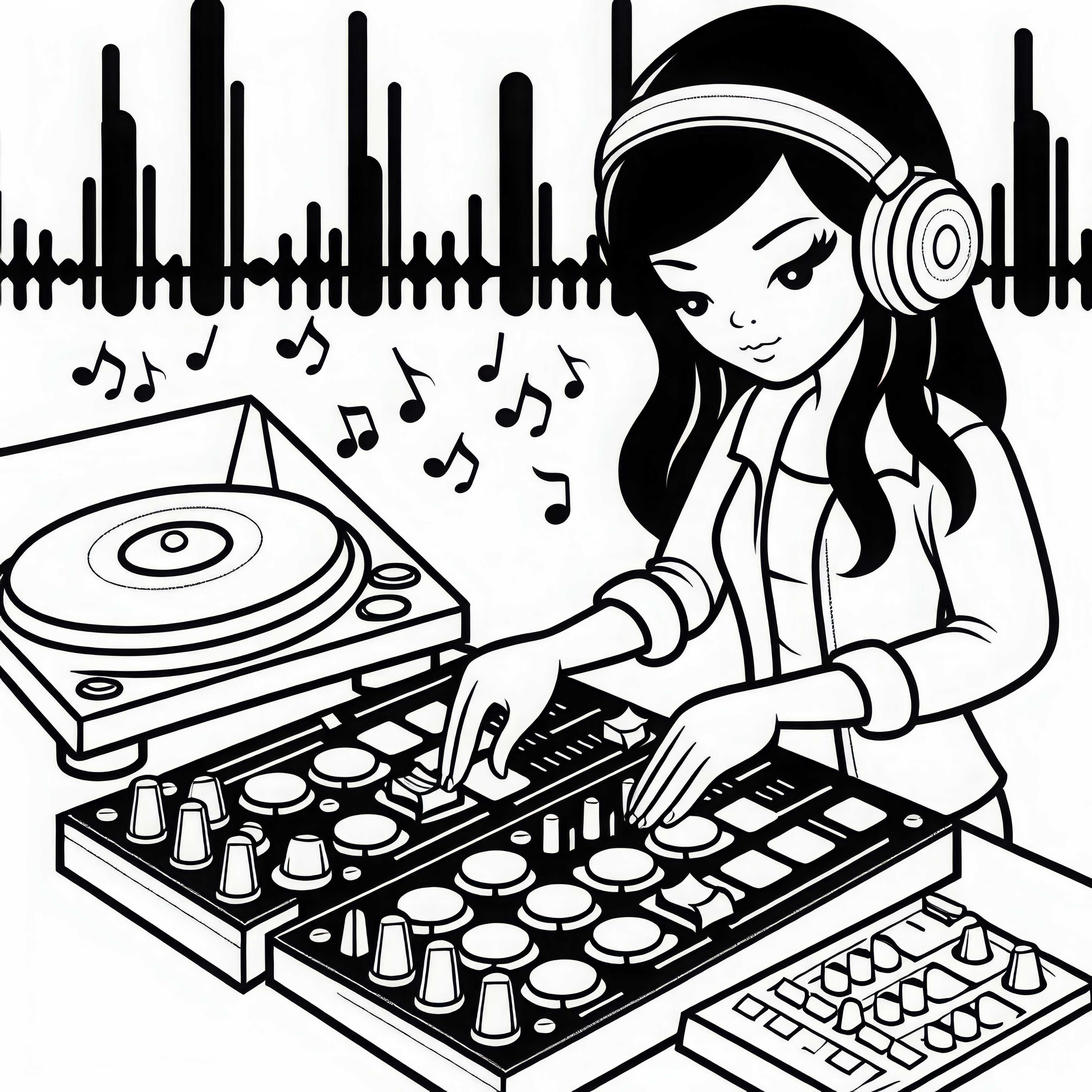 DJane sincroniza ritmos en la mesa de mezcla - Plantilla para colorear gratis