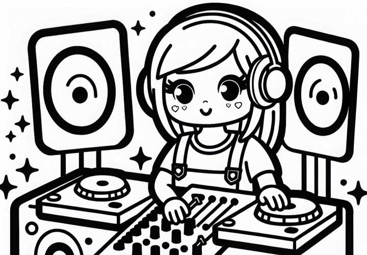 DJane at the turntables – coloring page simple and free