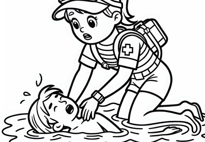 Спасителка плува до жертвата във водата - Безплатна оцветяваща страница