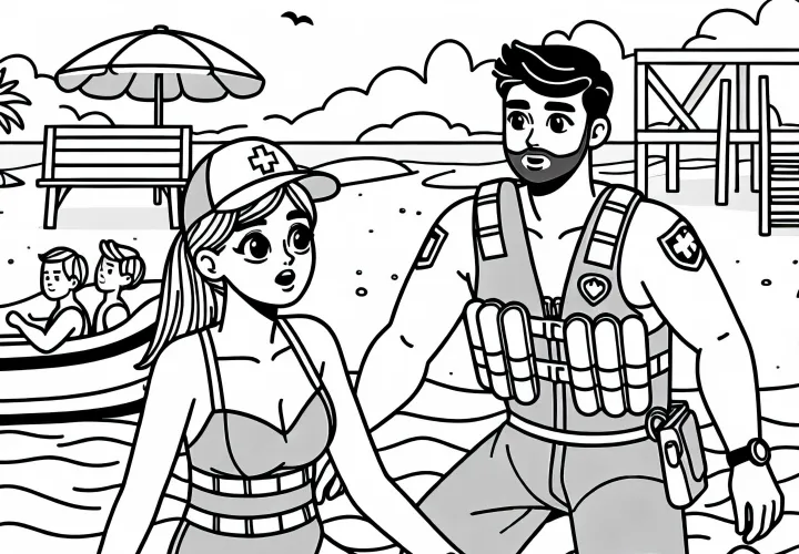 Livredder øver redningsteknikker med kolleger - Gratis farvelægningsark