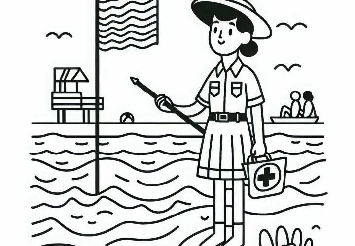 Livredderinde tjekker flagene for sikkerhed på stranden - Malebog gratis