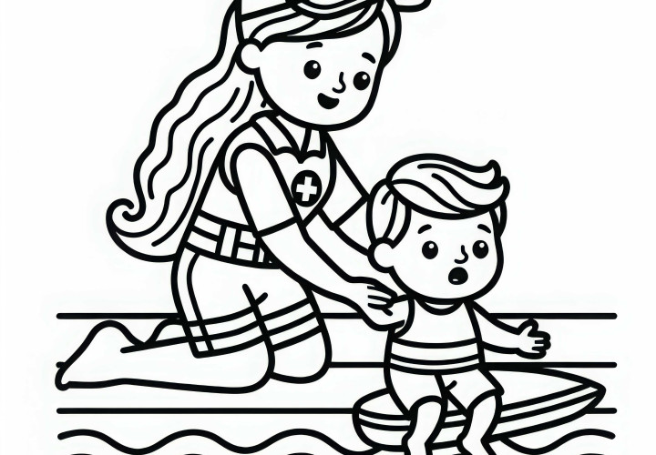 Penyelamat wanita membantu anak di pantai - Template mewarnai sederhana gratis