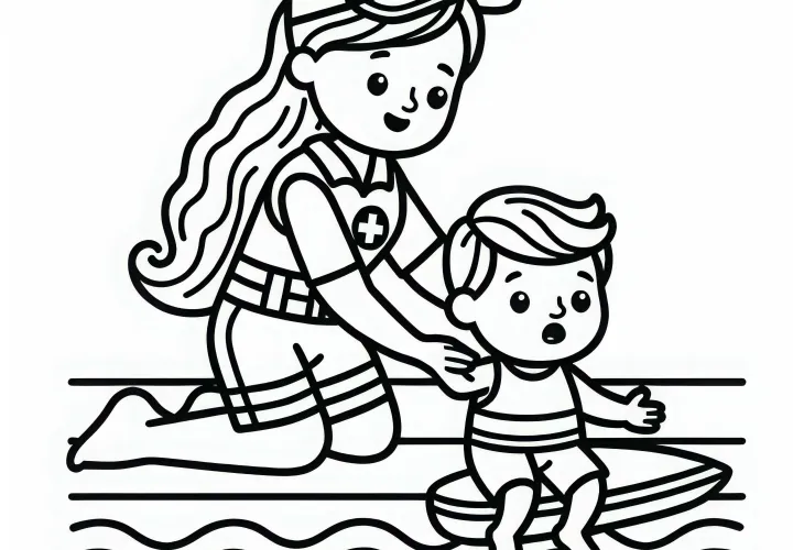 Livredderinde hjælper barn på stranden – Malebogskabelon gratis og nemt