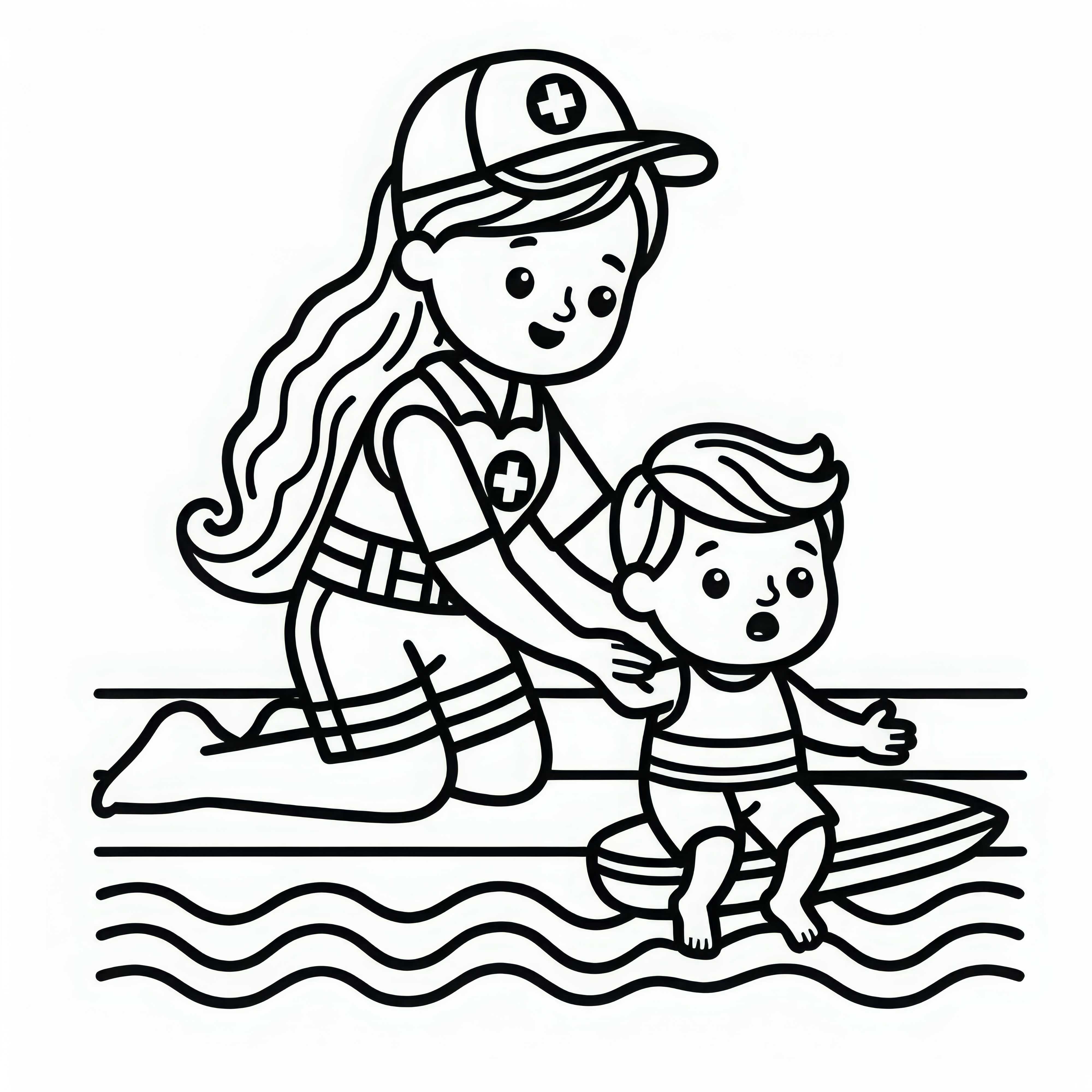 Penyelamat renang membantu anak di pantai - Template mewarnai gratis dan sederhana