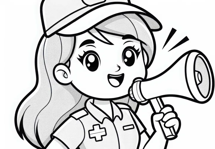 Livredderinde holder megafon og giver instrukser – Farvelægning skabelon gratis