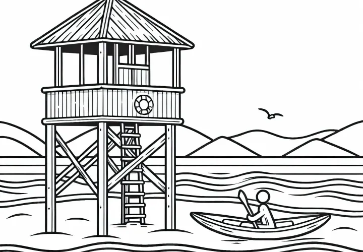 Redningssvømmerens livvagttårn - Gratis farvelægningsskabelon