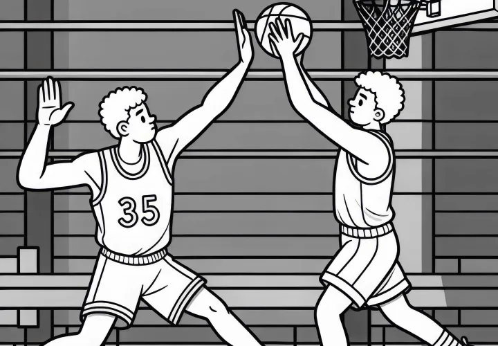 Košarkar blokira nasprotnika pri podaji – brezplačna barvna predloga