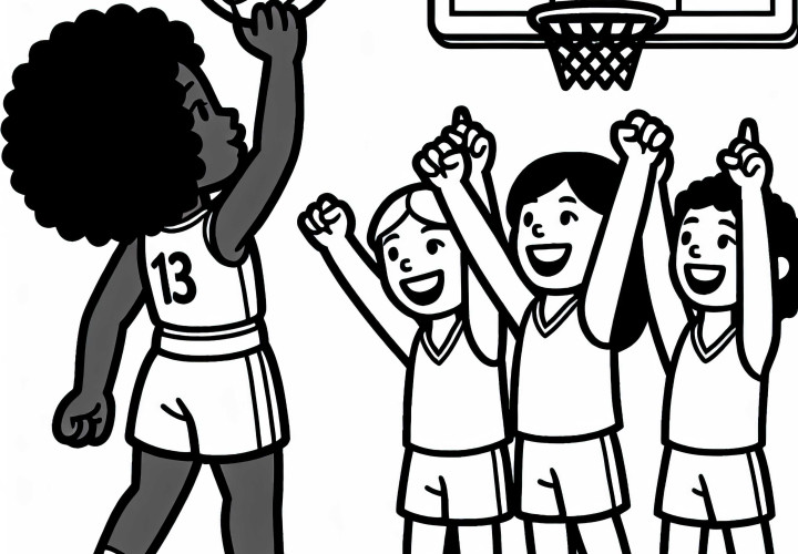 Jugadora de baloncesto celebra canasta con el equipo – Dibujos para colorear gratis