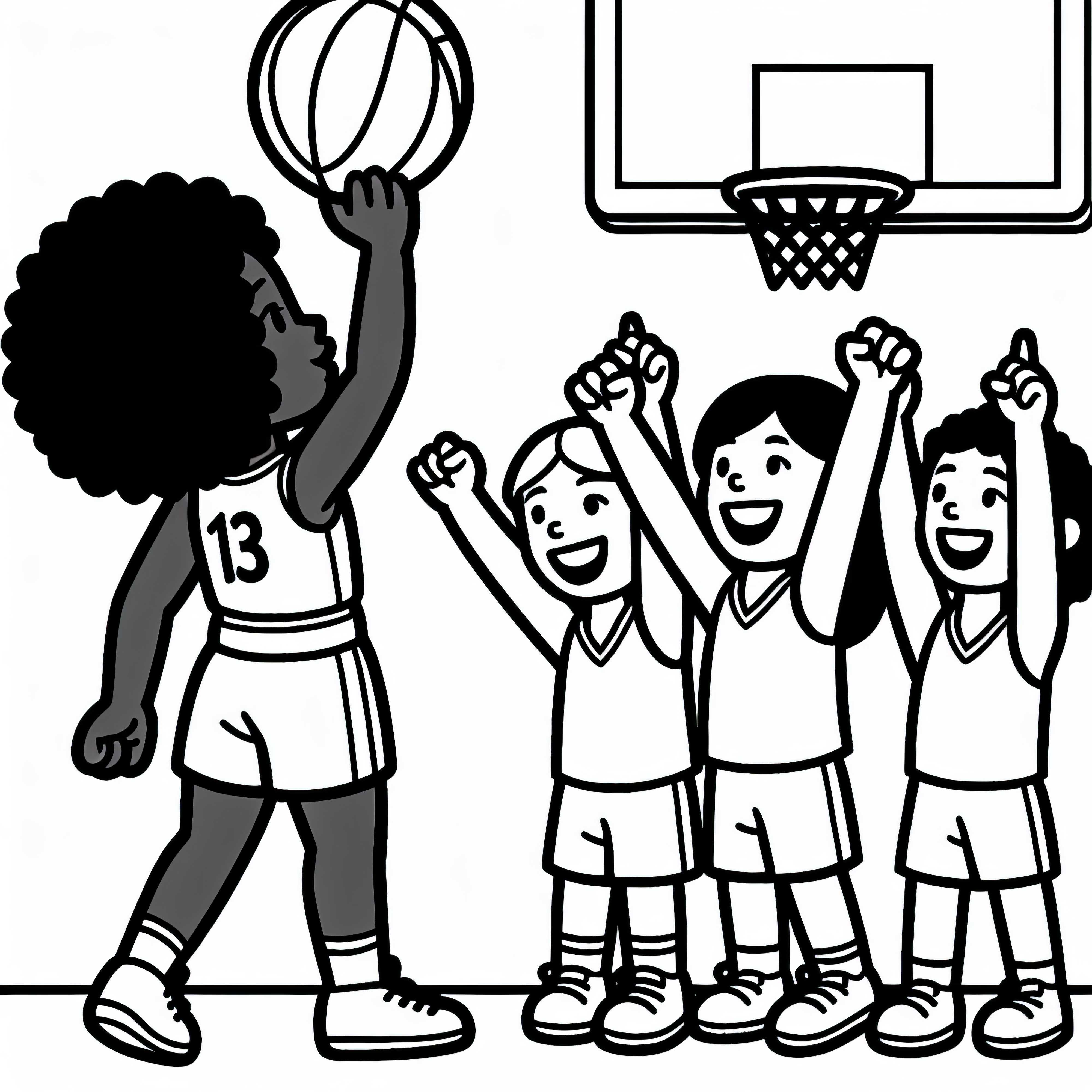 Jugadora de baloncesto celebra canasta con el equipo - Dibujo para colorear gratis