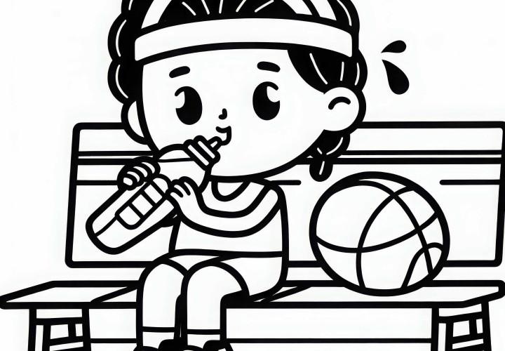 Jugador de baloncesto sentado en el banco y bebiendo agua - Plantilla para colorear gratuita