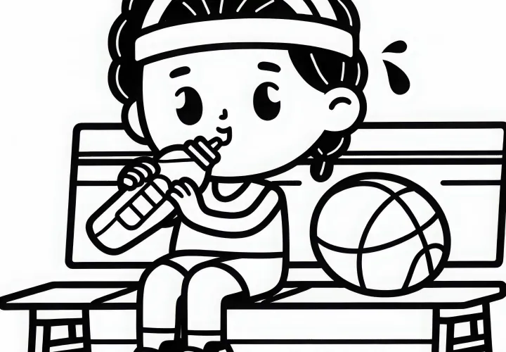 Košarkar sedi na klopi in pije vodo – brezplačna barvna predloga