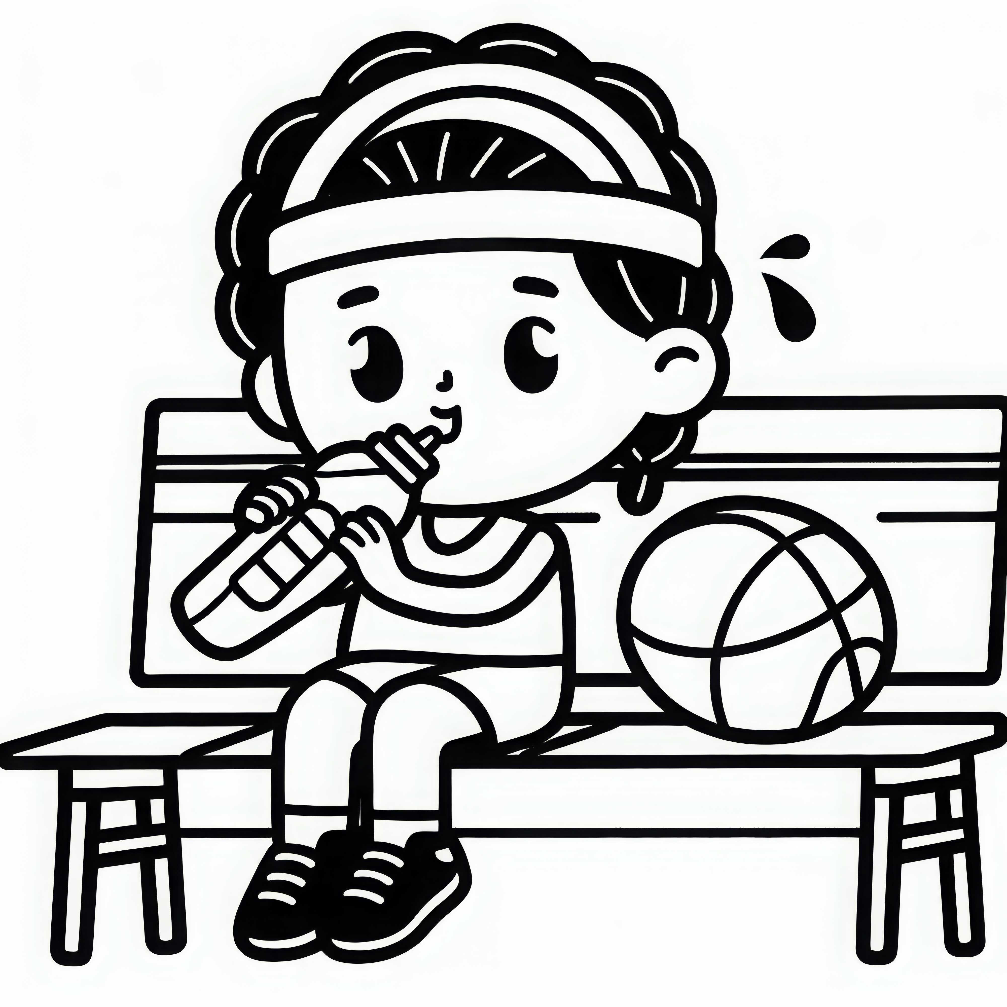 Jugador de baloncesto sentado en el banco y bebiendo agua - plantilla para colorear gratuita