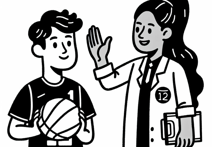 La entrenadora da una palmadita en la mano a un jugador de baloncesto - plantilla para colorear gratis