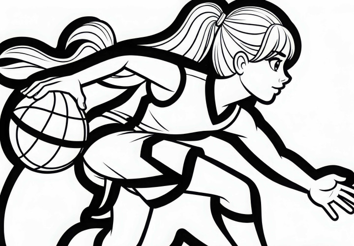Jugadora de baloncesto juega defensa rápida – Dibujo para colorear gratis