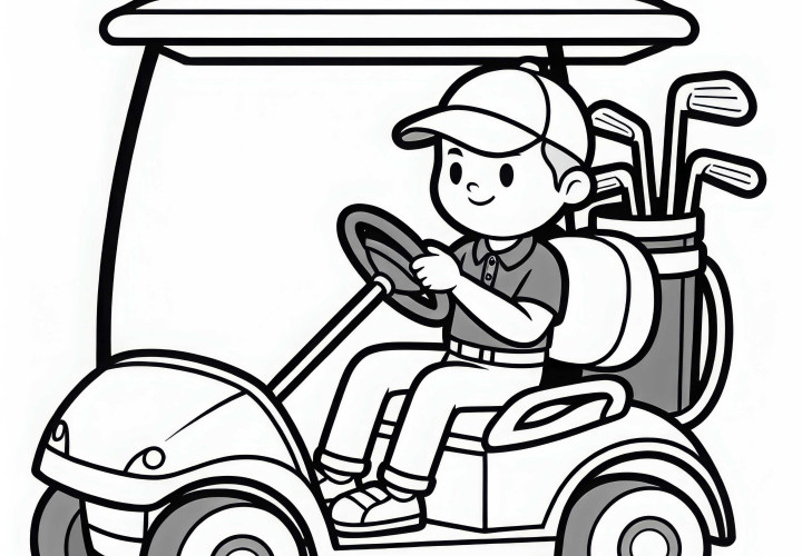 Pemain golf mengemudikan golf cart di lapangan - Template mewarnai gratis