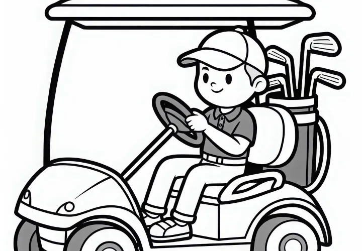 Golfspiller kører med golfbil over banen - Gratis tegning