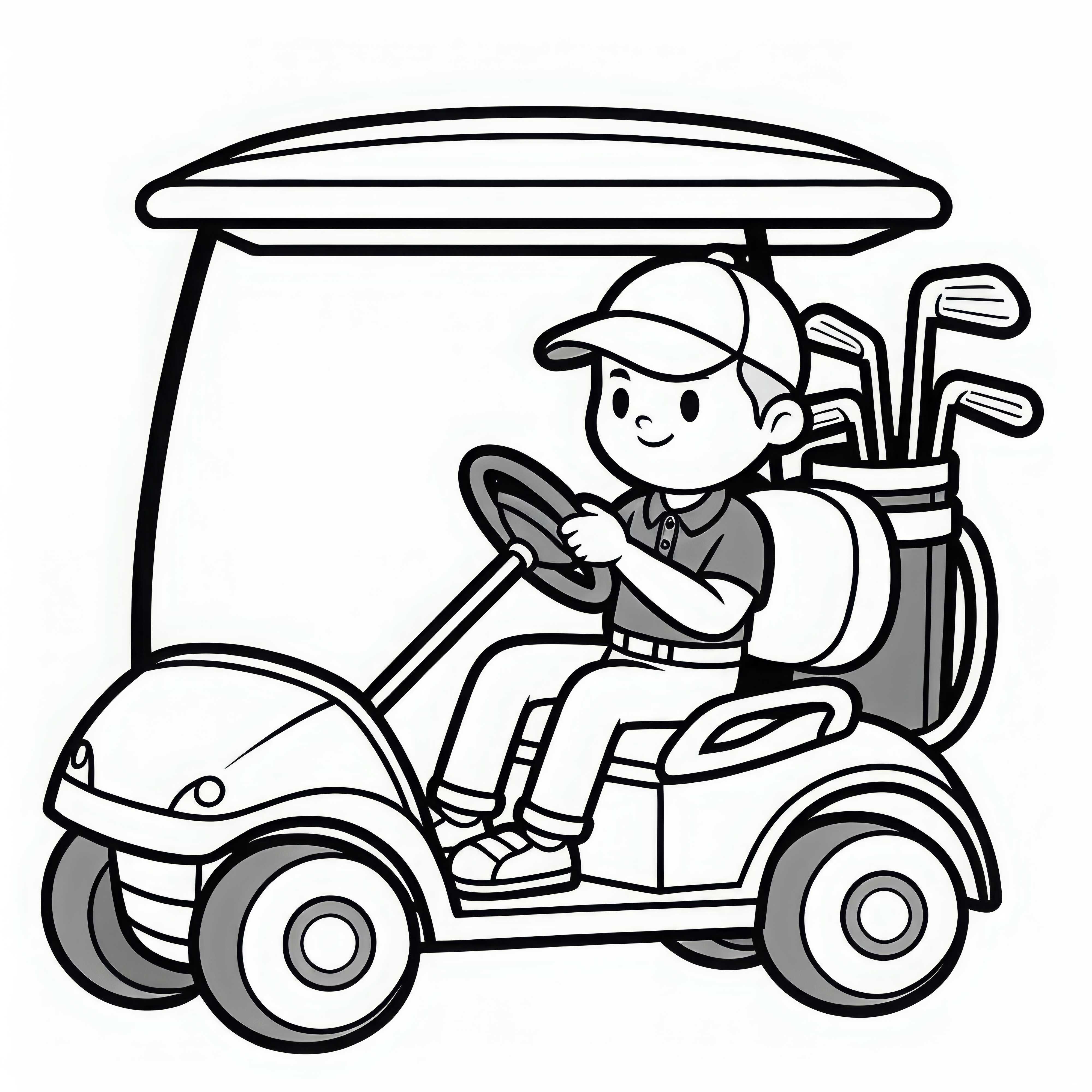 Pemain golf berkendara dengan mobil golf di lapangan - Template pewarnaan gratis