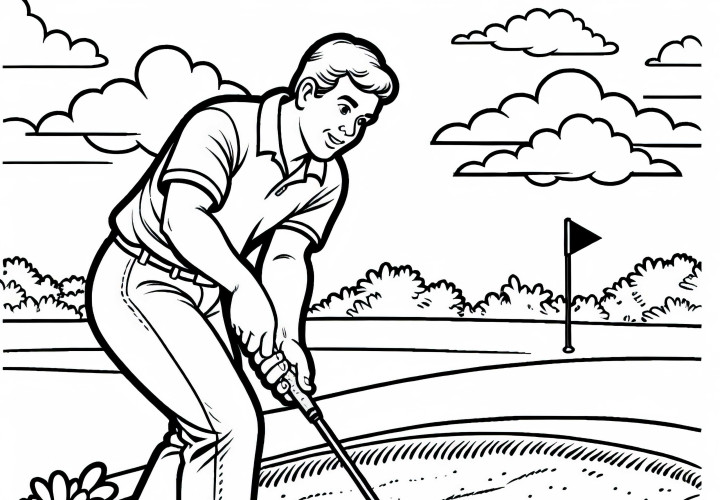 Pemain golf bermain dari bunker pasir – Gambar untuk diwarnai gratis