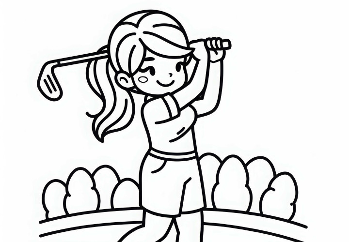 Pemain Golf berlatih tee-off di Driving Range – Template mewarnai gratis Pemain golf berlatih tee shot di Driving Range – Template mewarnai gratis