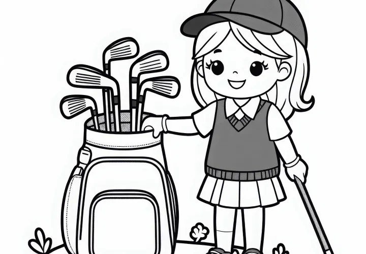 Golfspillerinde bærer golftasken med køllerne - gratis malebillede