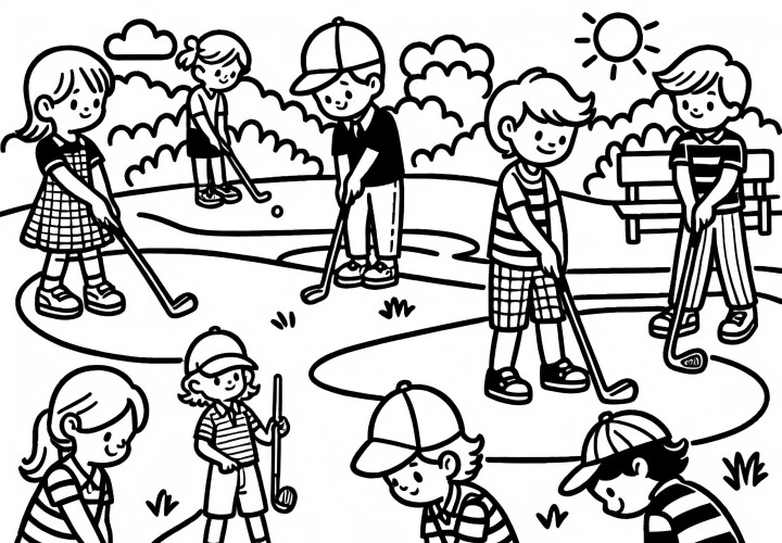 Anak-anak bermain golf gambar untuk diwarnai gratis