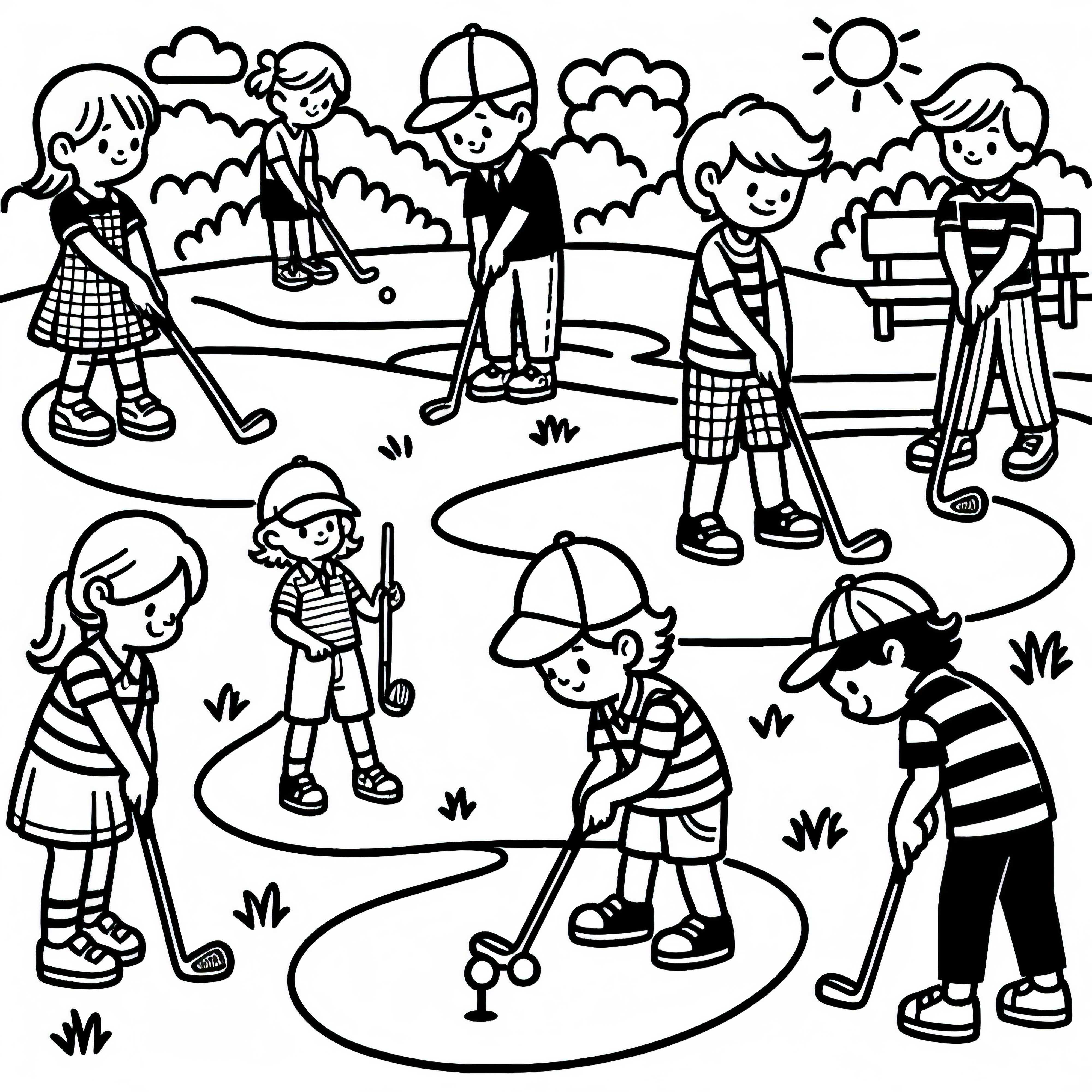 Anak-anak bermain golf gambar mewarnai gratis