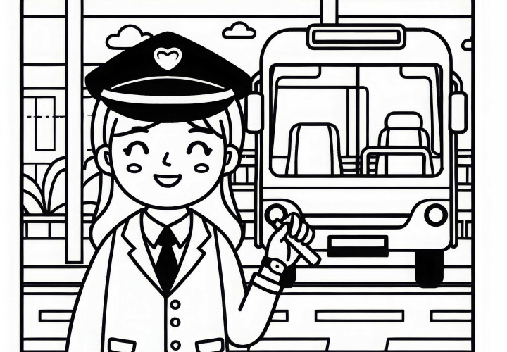 Šoférka autobusu na zastávke – Jednoduchý obrázok na vymaľovanie zadarmo