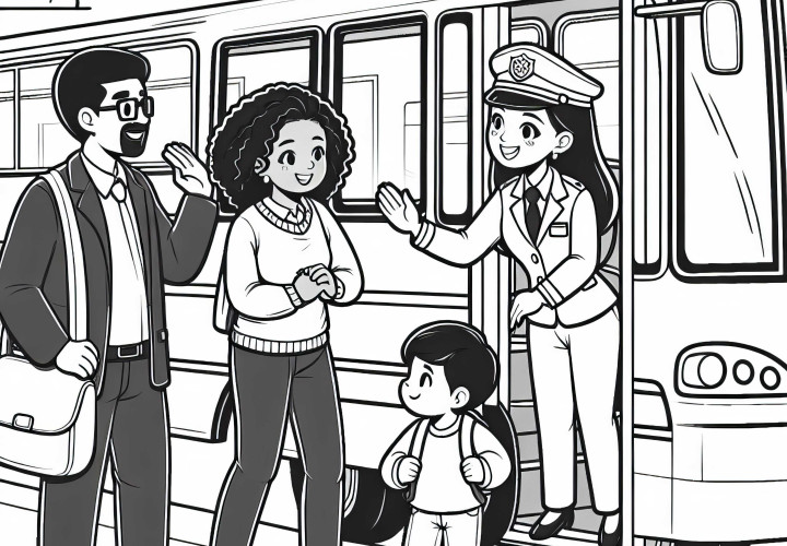 Řidička autobusu zdraví pasažéry při nastupování - omalovánka zdarma